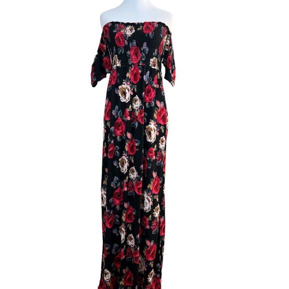 Alter’d State Maxi Dress S Black Red Rose‎ Floral Smocked Off The Shoulder Boho - Picture 1 of 7